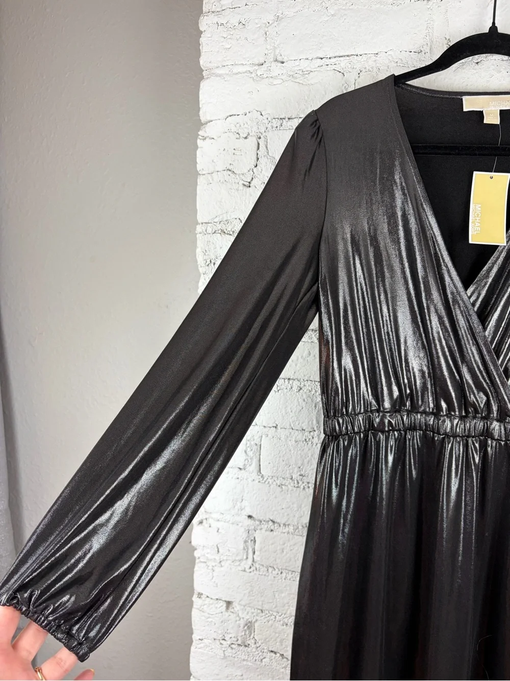 Michael Kors Pewter Grey Black Metallic Stretch Wrap Long Sleeve Dress Medium